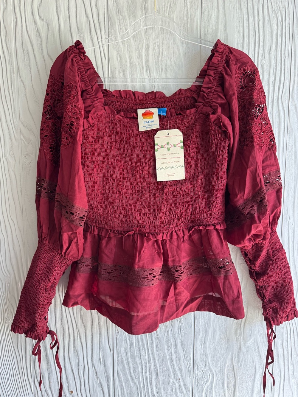 FARM RIO x Anthropologie Burgundy Smocked Peasant Blouse Sz: S
